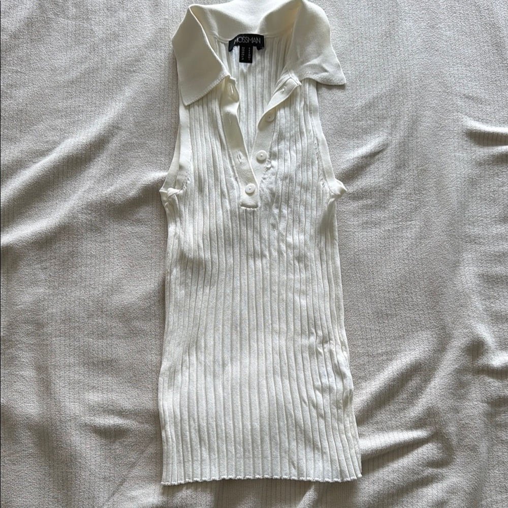 White Sleeveless Ribbed Polo Top